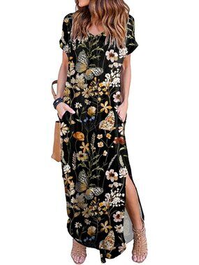 Women Mixed Print Summer Maxi Long Dress Casual Loose Short Sleeve Split Pockets